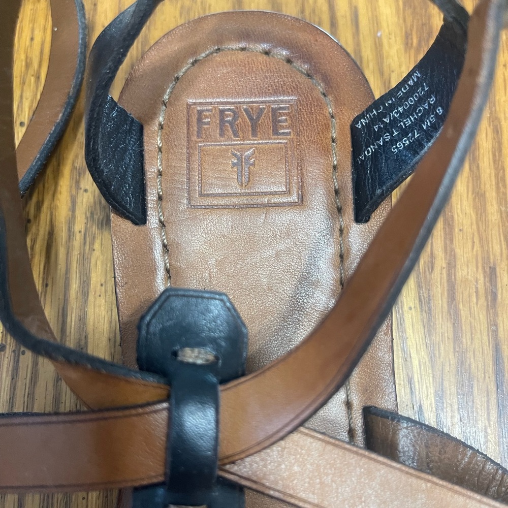 Frye Brown and Black Leather Sandals with Embossed Detailing